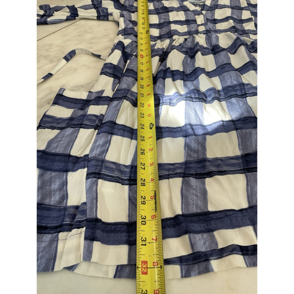 Maeve for Anthropologie Navy Blue And White 3/4 Sleeve Plaid Mini Dress Medium - Picture 13 of 14